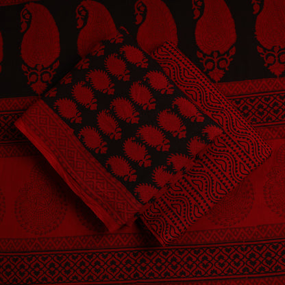 Red - 3pc Bagh Block Printed Cotton Suit Material Set