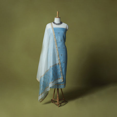 Blue - Handloom Zari Buti Chanderi Silk 2pc Unstitched Dress Material Kurta Set 10