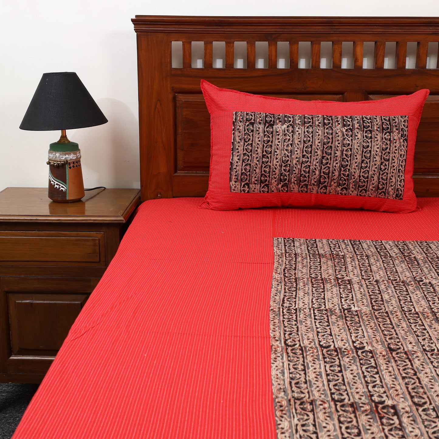 Red Kantha Stitch with Kalamkari Patch Cotton Bedsheet Set