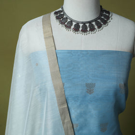 Blue - Handloom Zari Buti Chanderi Silk 2pc Unstitched Dress Material Kurta Set 10