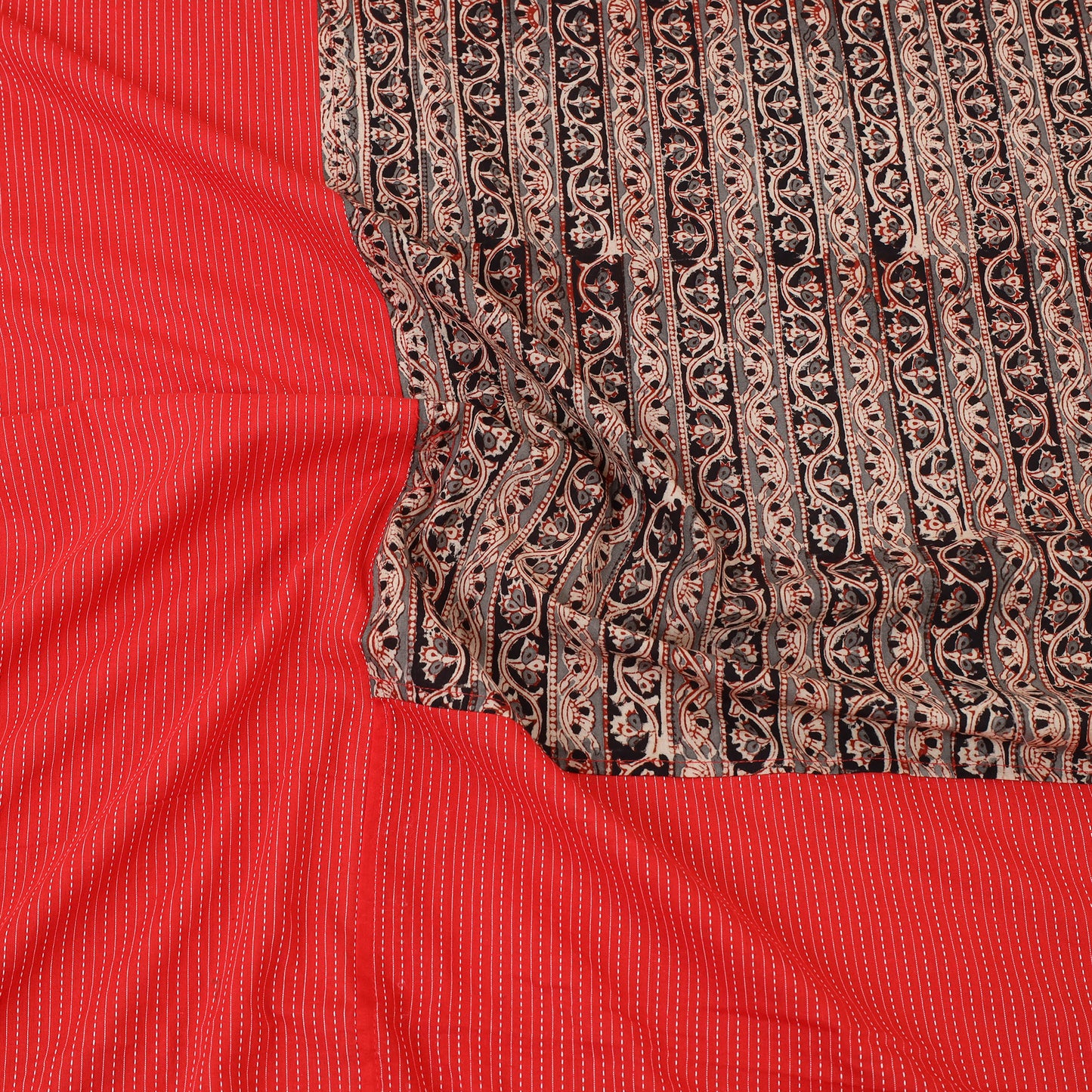 Red Kantha Stitch with Kalamkari Patch Cotton Bedsheet Set