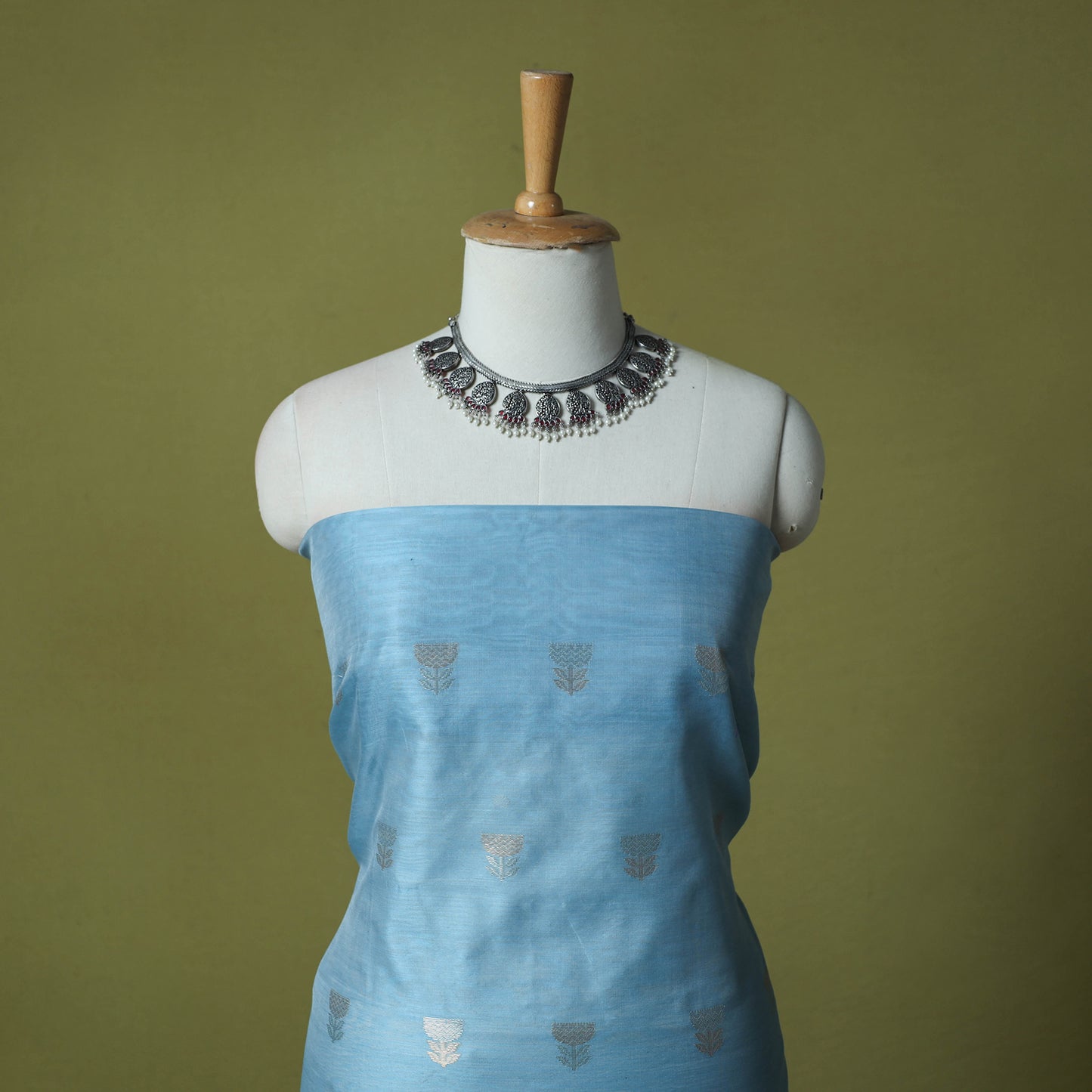 Blue - Handloom Zari Buti Chanderi Silk 2pc Unstitched Dress Material Kurta Set 10