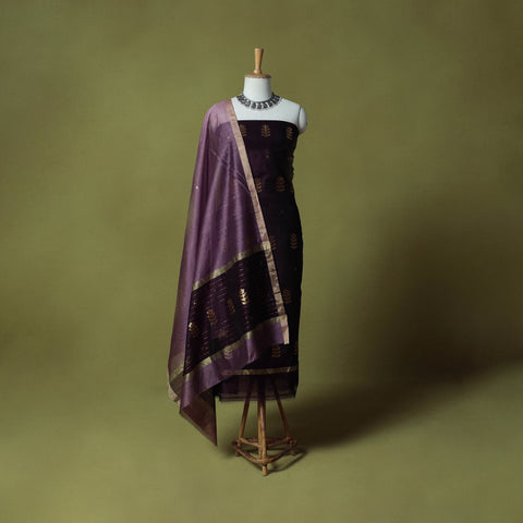 Purple - Handloom Zari Buti Chanderi Silk 2pc Unstitched Dress Material Kurta Set 11