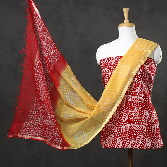 Red - Hand Batik Printed Cotton 3pc Suit Material Set with Kota Doria Dupatta