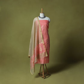 Pink - Handloom Zari Buti Chanderi Silk 2pc Unstitched Dress Material Kurta Set 13