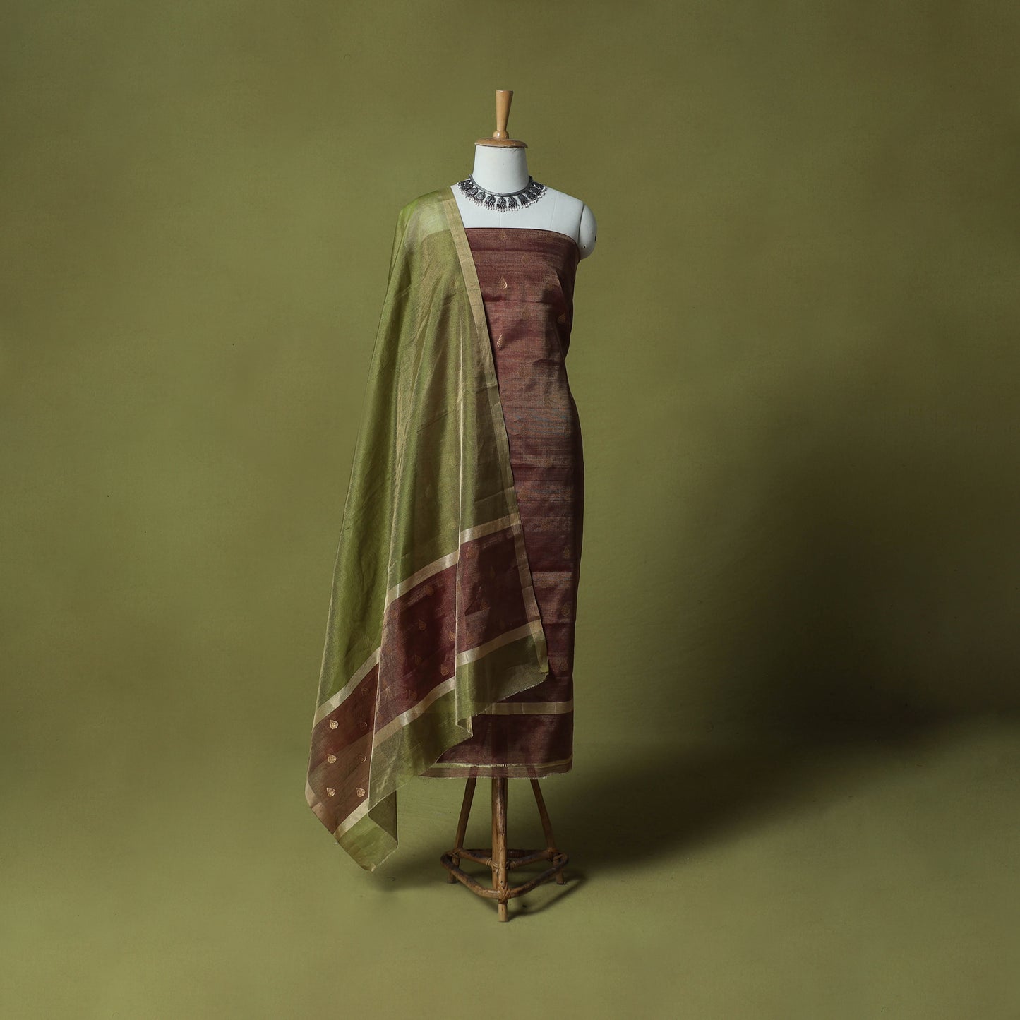 Brown - Handloom Tissue Zari Buti Chanderi Silk 2pc Unstitched Dress Material Kurta Set 14