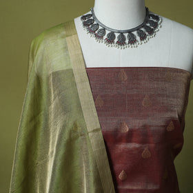 Brown - Handloom Tissue Zari Buti Chanderi Silk 2pc Unstitched Dress Material Kurta Set 14