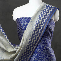 Blue - 2pc Hand Batik Printed Maheshwari Silk Suit Material Set