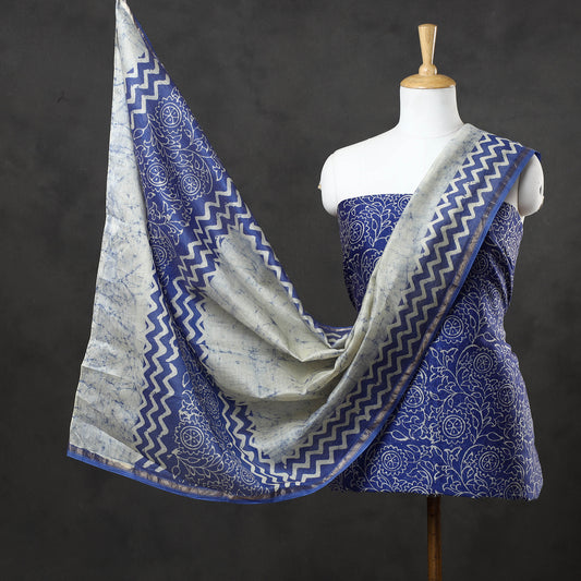 Blue - 2pc Hand Batik Printed Maheshwari Silk Suit Material Set
