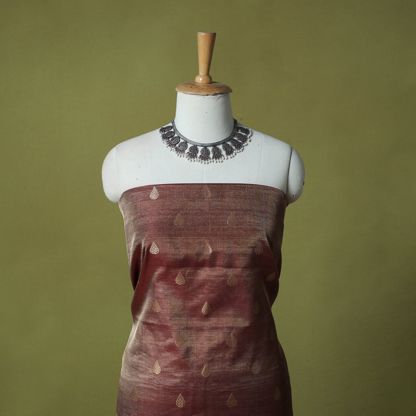 Brown - Handloom Tissue Zari Buti Chanderi Silk 2pc Unstitched Dress Material Kurta Set 14