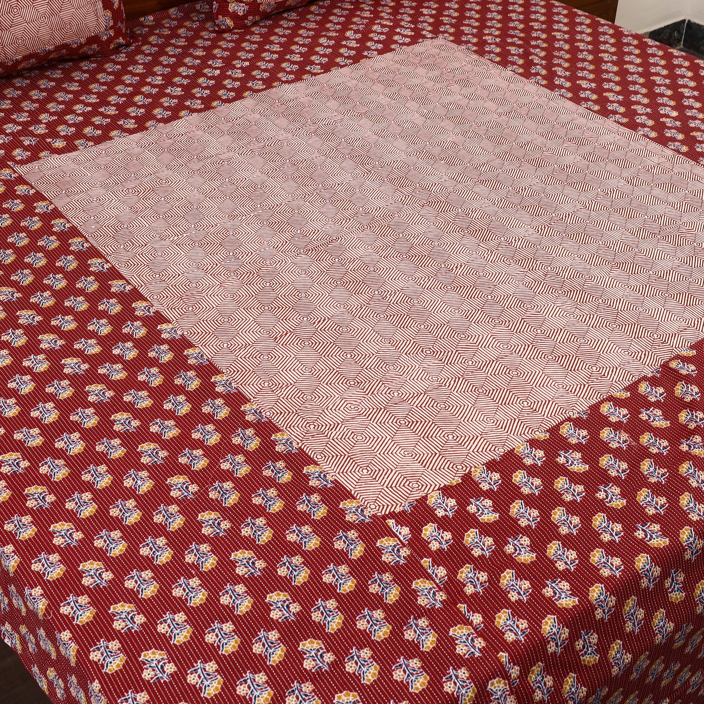 Red Jaipur Print Kantha Stitch Patchwork Cotton Bedsheet Set 