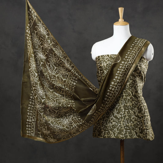 Green - 3pc Hand Batik Printed Chanderi Silk Suit Material Set