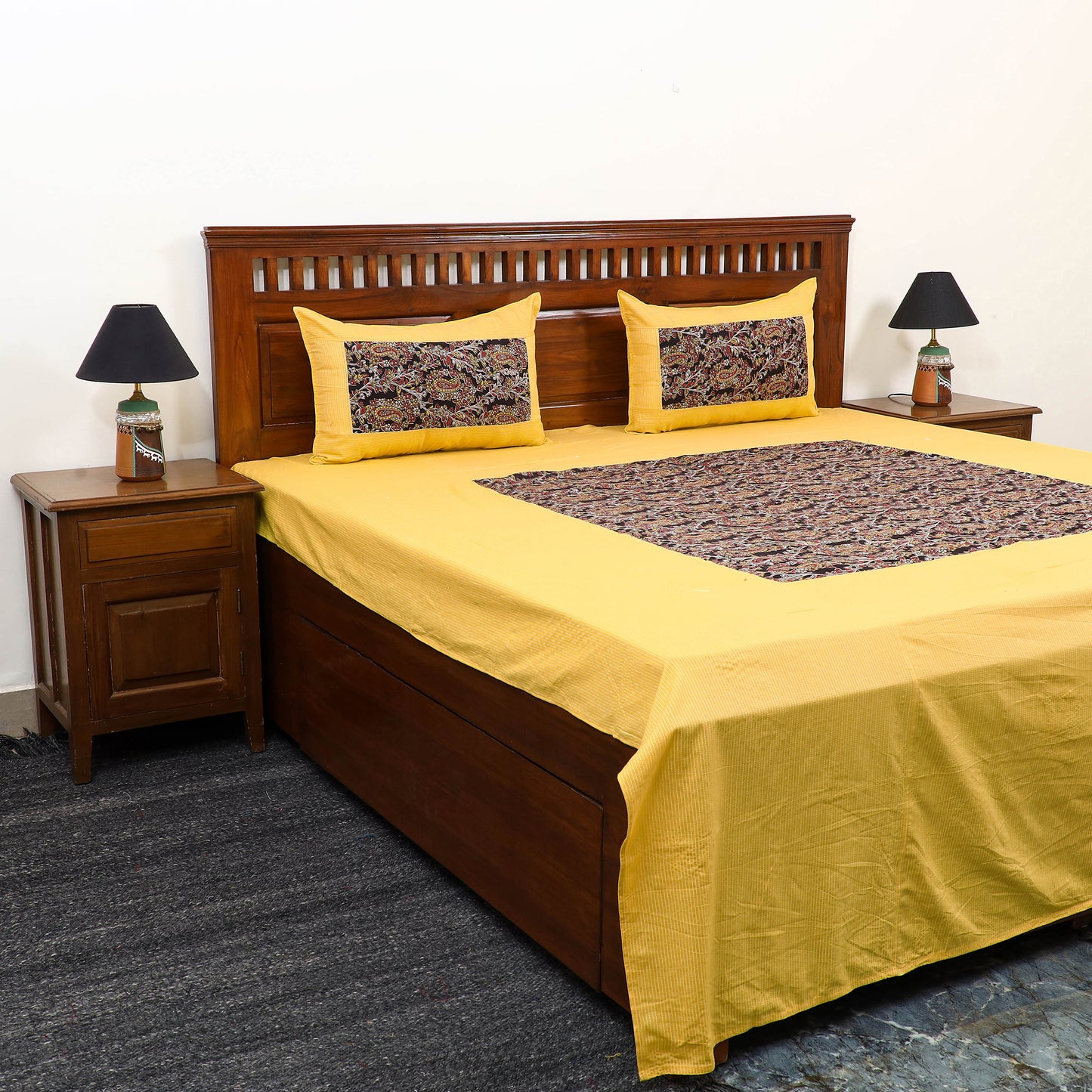 Yellow Kantha Stitch with Kalamkari Patch Cotton Bedsheet Set