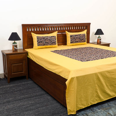 Yellow Kantha Stitch with Kalamkari Patch Cotton Bedsheet Set