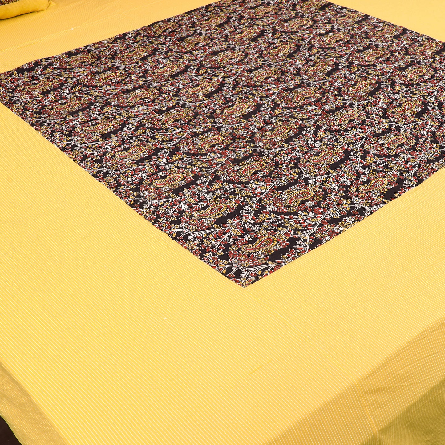 Yellow Kantha Stitch with Kalamkari Patch Cotton Bedsheet Set