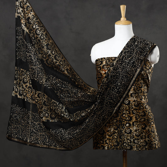 Brown - 3pc Hand Batik Printed Chanderi Silk Suit Material Set