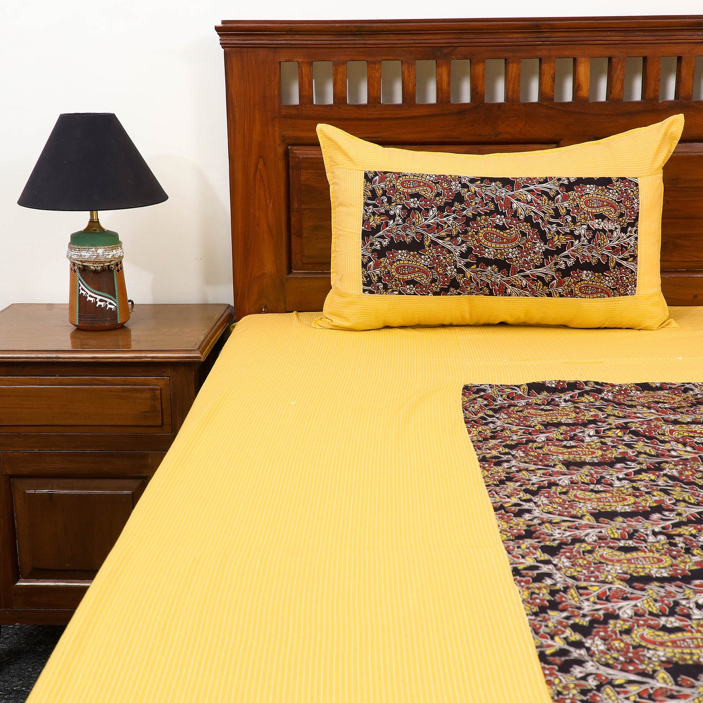 Yellow Kantha Stitch with Kalamkari Patch Cotton Bedsheet Set