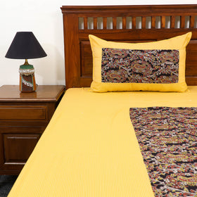 Yellow Kantha Stitch with Kalamkari Patch Cotton Bedsheet Set