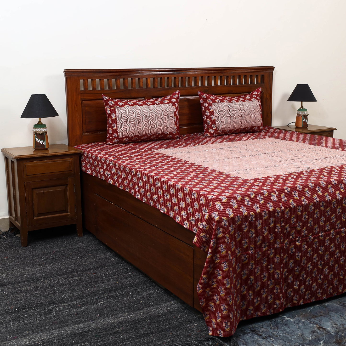 Red Jaipur Print Kantha Stitch Patchwork Cotton Bedsheet Set 