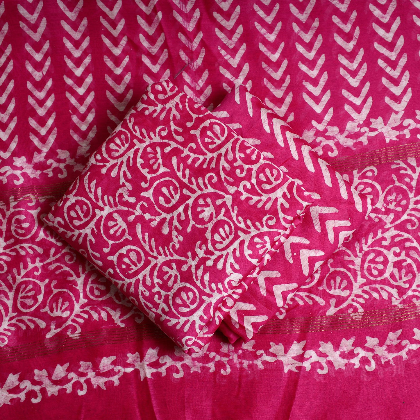 Pink - 3pc Hand Batik Printed Chanderi Silk Suit Material Set