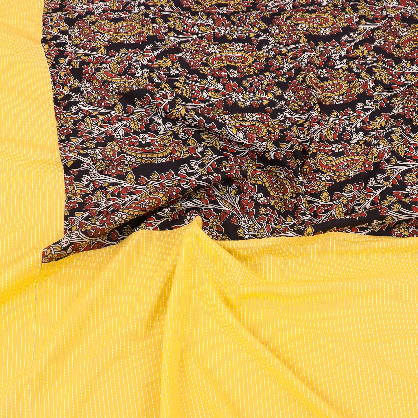 Yellow Kantha Stitch with Kalamkari Patch Cotton Bedsheet Set