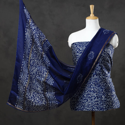 Blue - 3pc Hand Batik Printed Chanderi Silk Suit Material Set