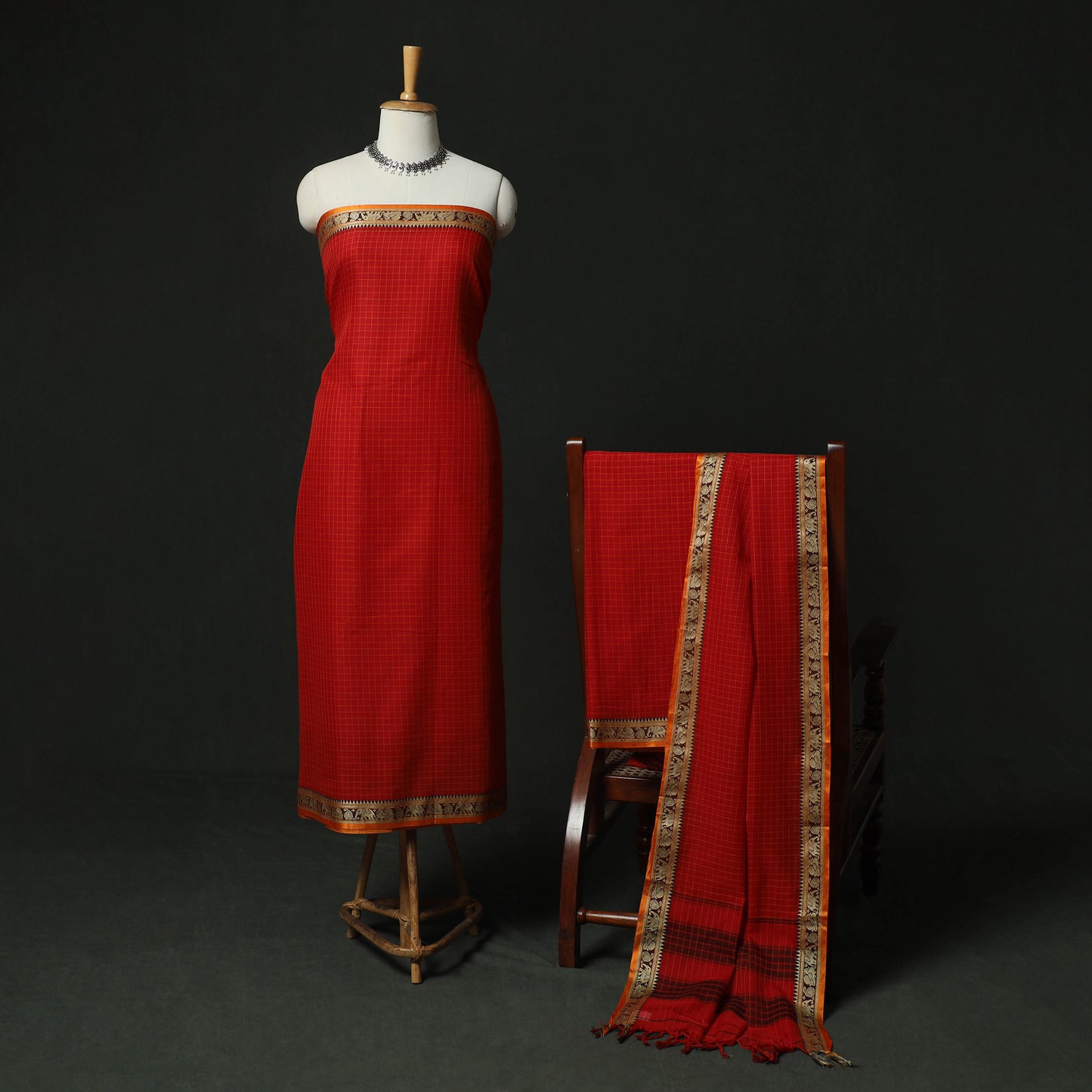 Red - Dharwad Woven Checks Cotton 3pc Unstitched Dress Material Suit Set 39