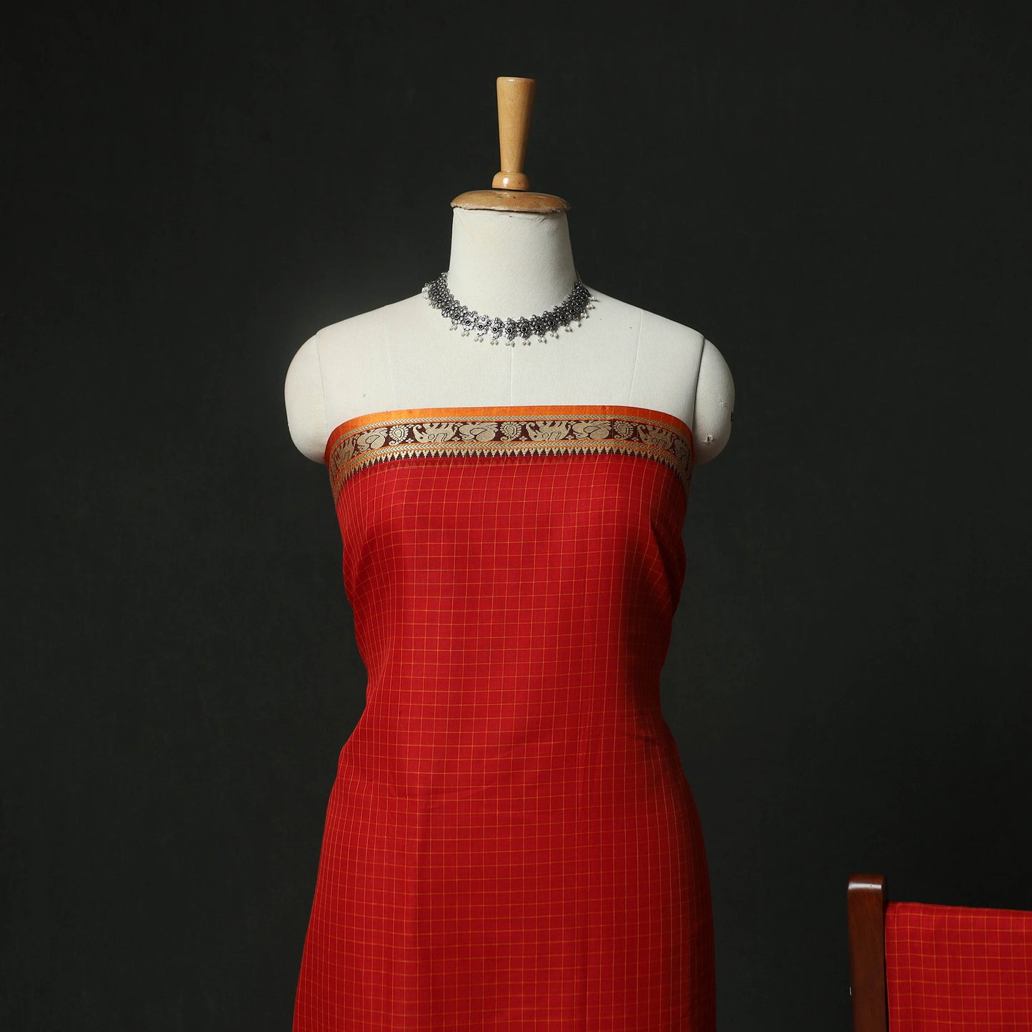 Red - Dharwad Woven Checks Cotton 3pc Unstitched Dress Material Suit Set 39