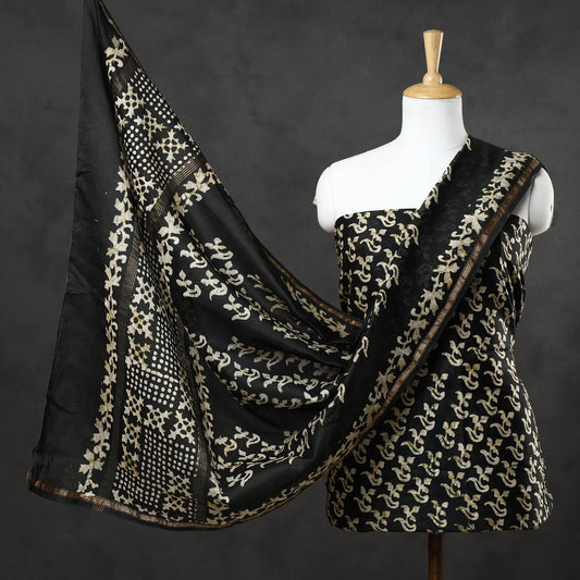 Black - 3pc Hand Batik Printed Chanderi Silk Suit Material Set