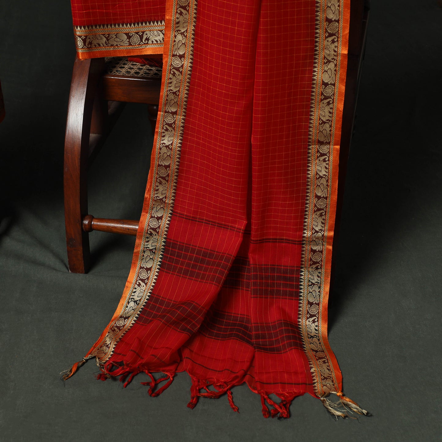 Red - Dharwad Woven Checks Cotton 3pc Unstitched Dress Material Suit Set 39