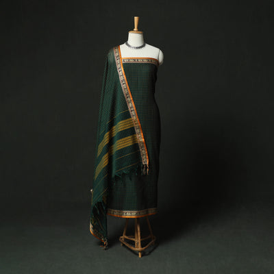 Green - Dharwad Woven Checks Cotton 3pc Unstitched Dress Material Suit Set 38