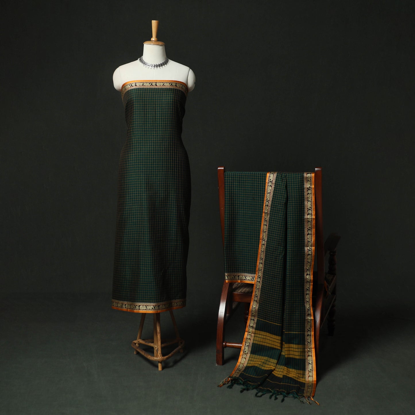 Green - Dharwad Woven Checks Cotton 3pc Unstitched Dress Material Suit Set 38