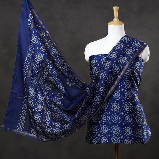 Blue - 3pc Hand Batik Printed Chanderi Silk Suit Material Set