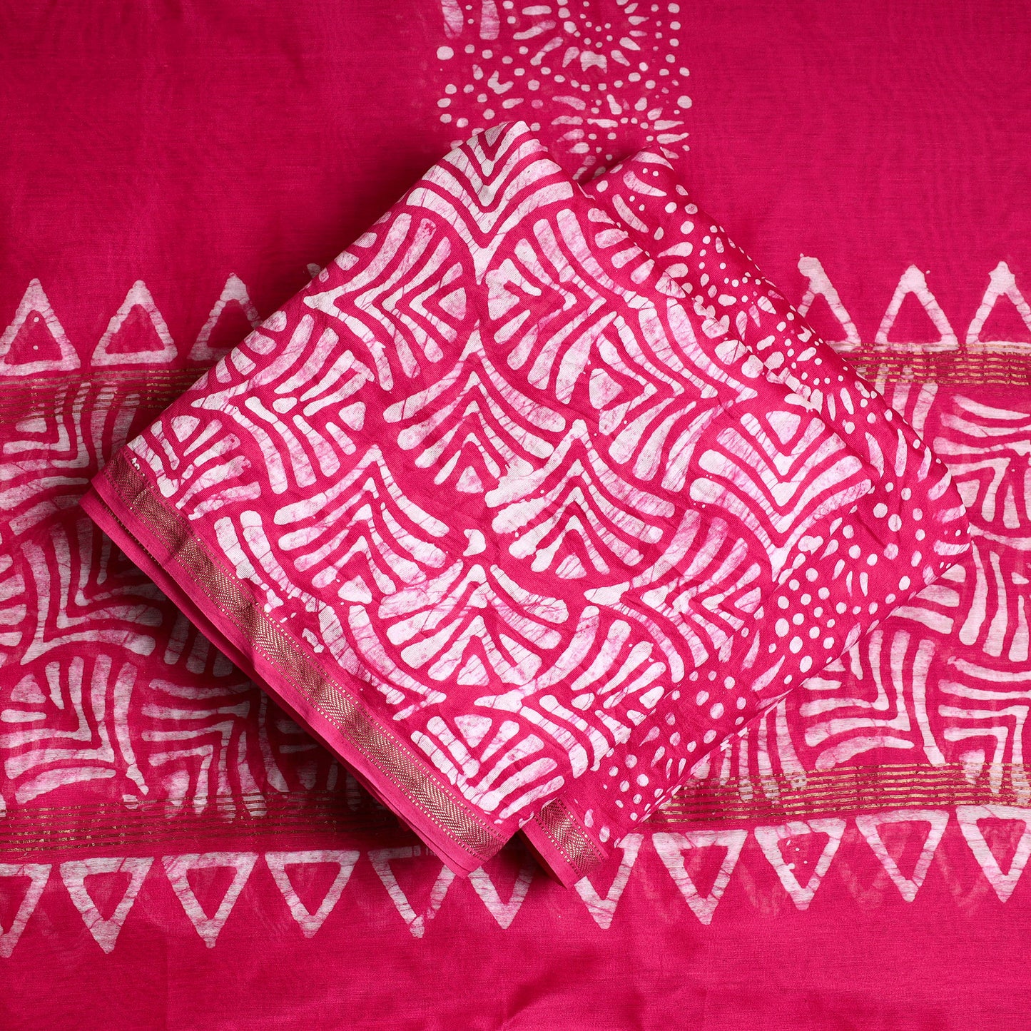 Pink - 3pc Hand Batik Printed Chanderi Silk Suit Material Set