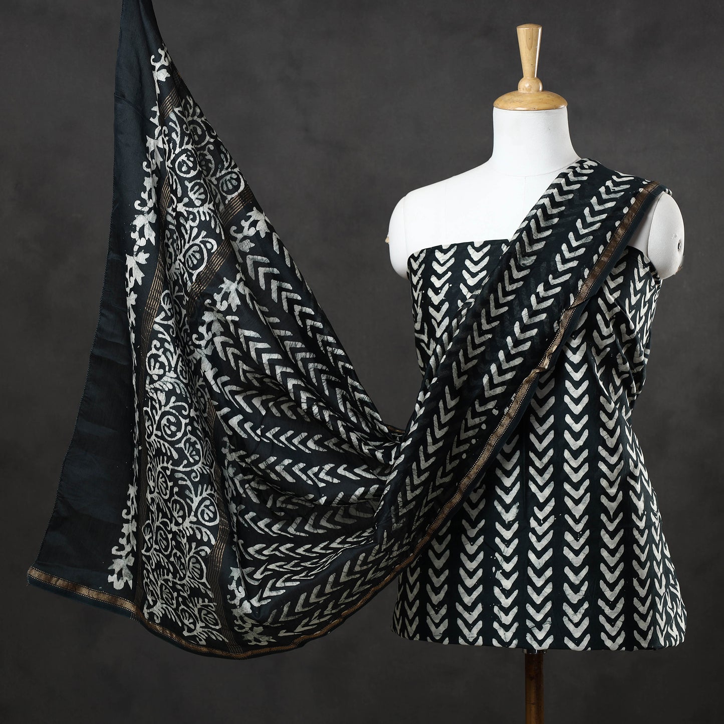 Green - 3pc Hand Batik Printed Chanderi Silk Suit Material Set