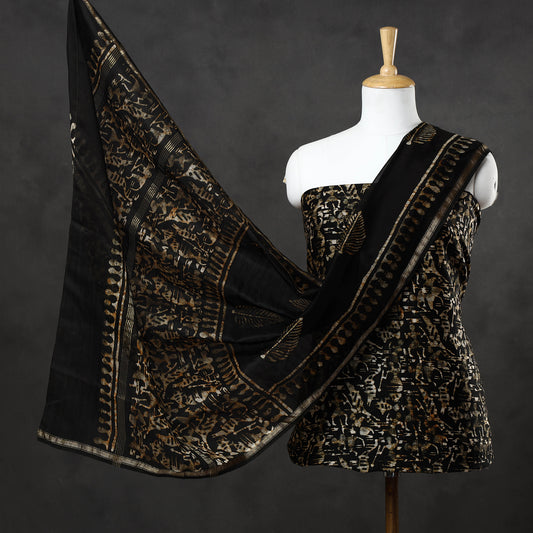 Black - 3pc Hand Batik Printed Chanderi Silk Suit Material Set