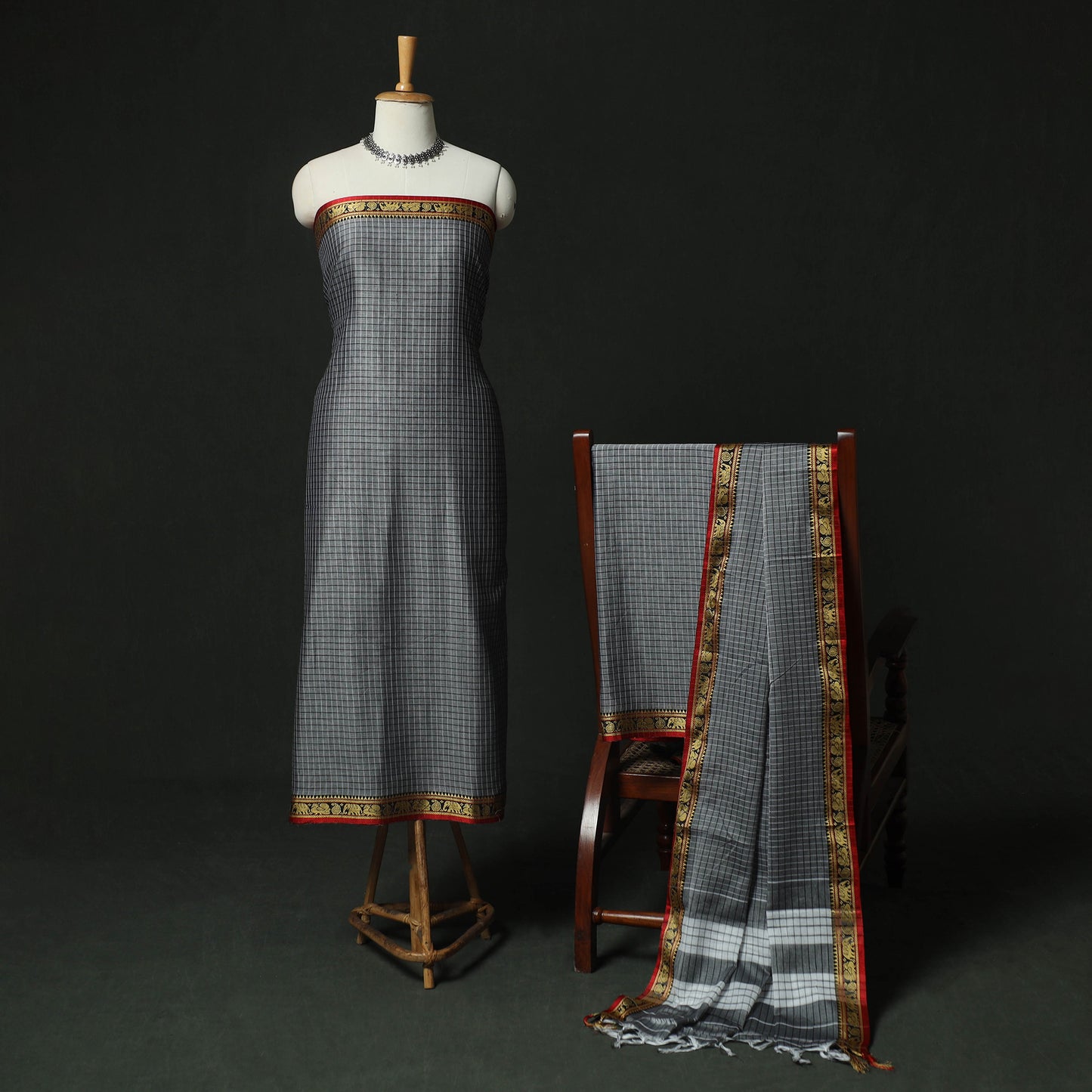 Grey - Dharwad Woven Checks Cotton 3pc Unstitched Dress Material Suit Set 35