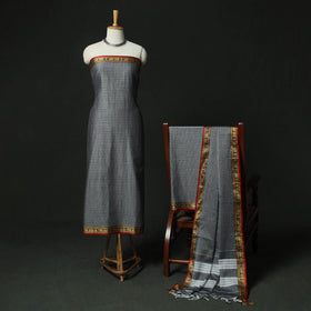 Grey - Dharwad Woven Checks Cotton 3pc Unstitched Dress Material Suit Set 35