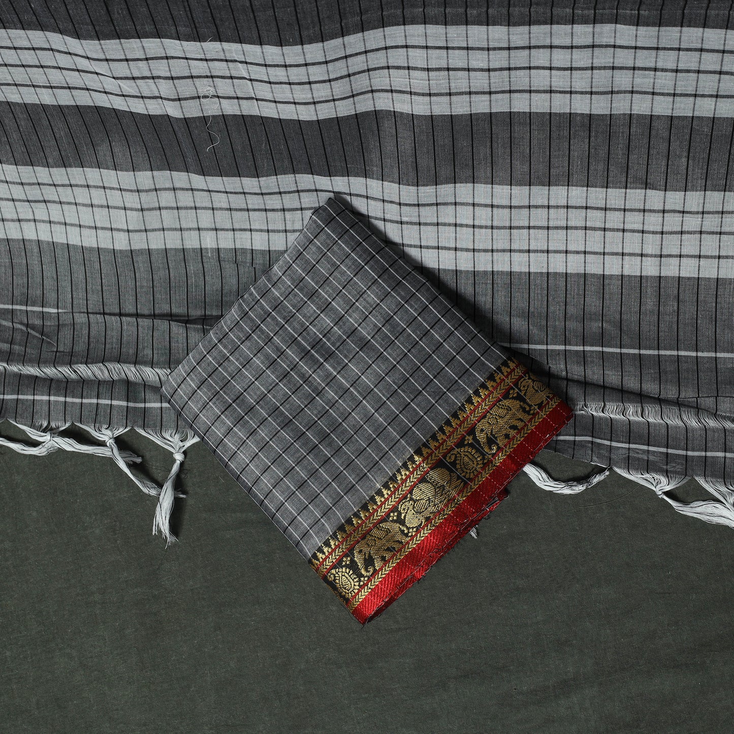 Grey - Dharwad Woven Checks Cotton 3pc Unstitched Dress Material Suit Set 35