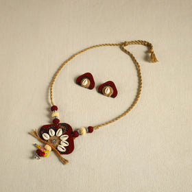 Red - fabart jute & shell work necklace set 05 - handcrafted