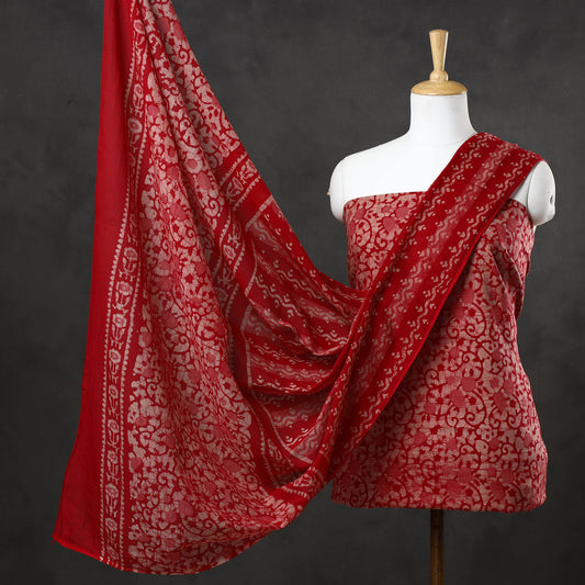 Red - 3pc Kutch Batik Printed Cotton Suit Material Set