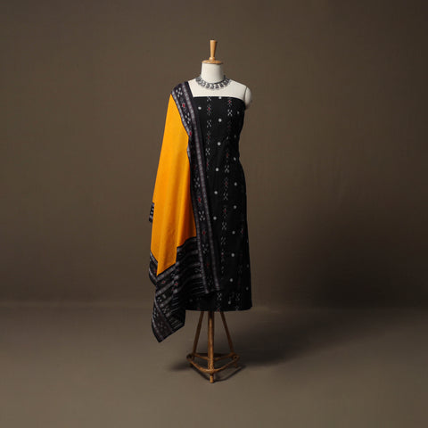 Black - Sambalpuri Ikat Cotton 3pc Unstitched Dress Material Suit Set 01
