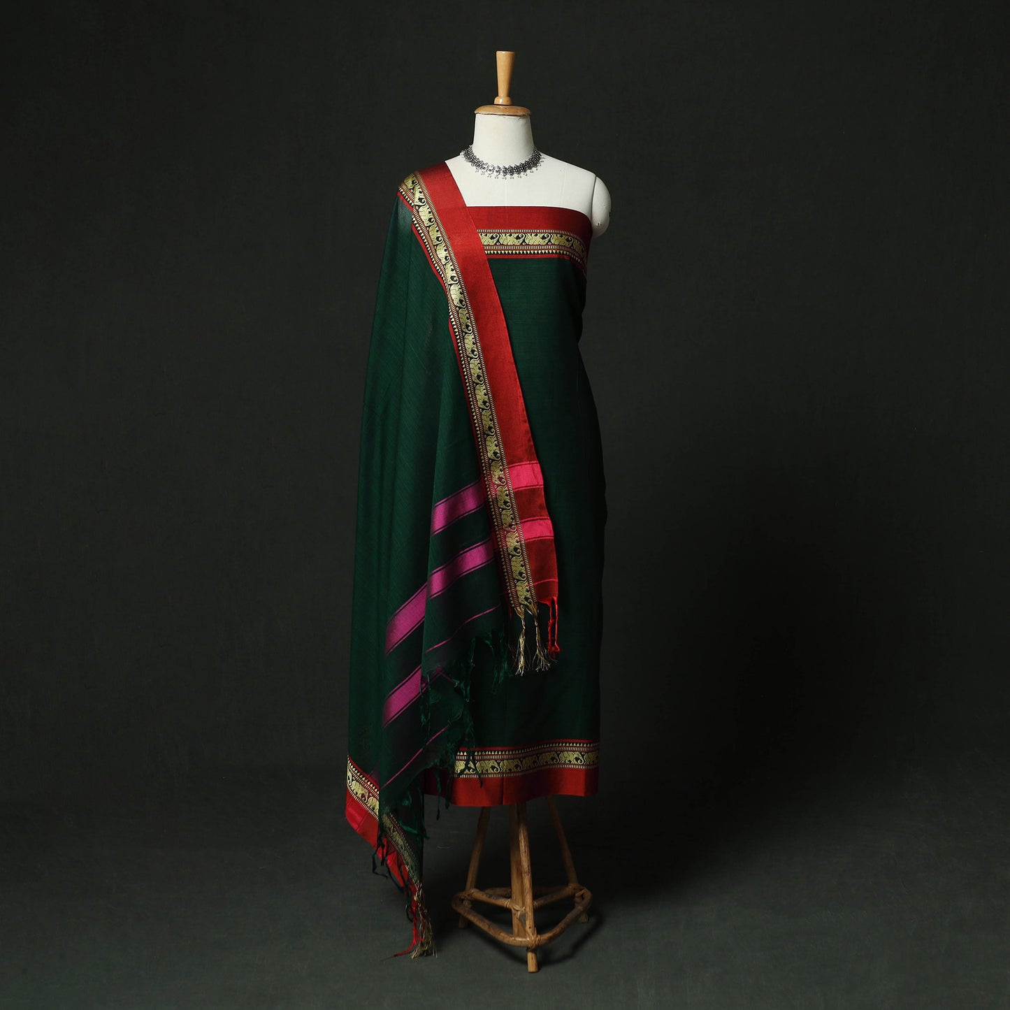 Green - Dharwad Woven Cotton 3pc Unstitched Dress Material Suit Set 02
