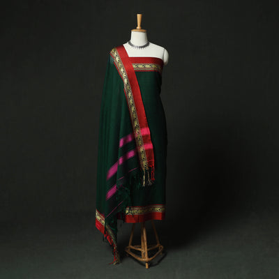 Green - Dharwad Woven Cotton 3pc Unstitched Dress Material Suit Set 02