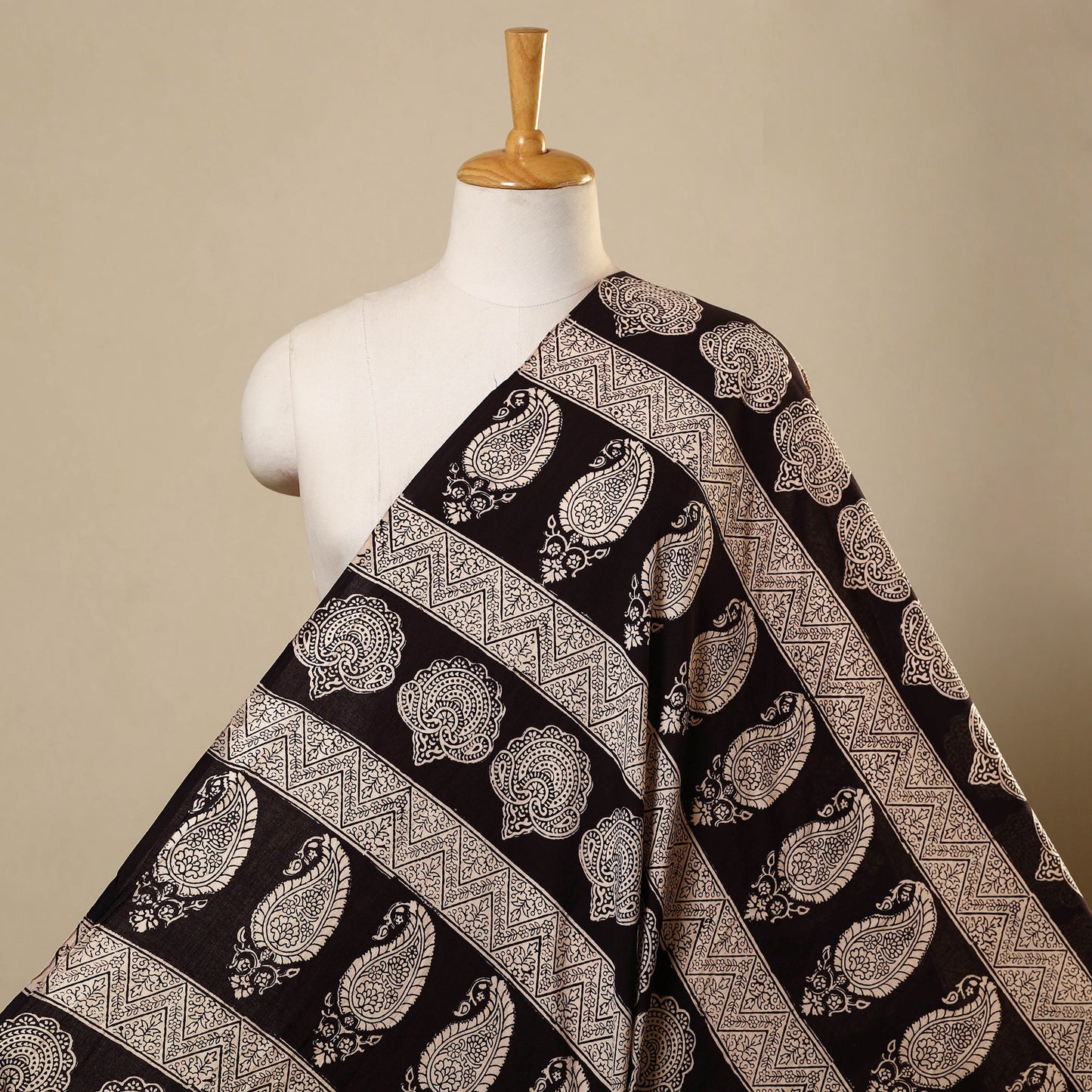 Black Bagh Block Print Kantha Work Natural Dyed Cotton Fabric