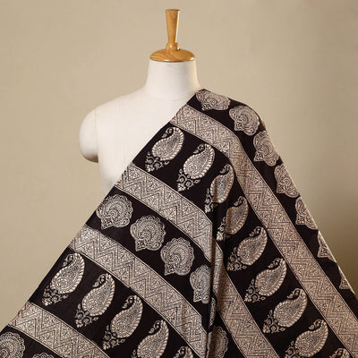 Black Bagh Block Print Kantha Work Natural Dyed Cotton Fabric