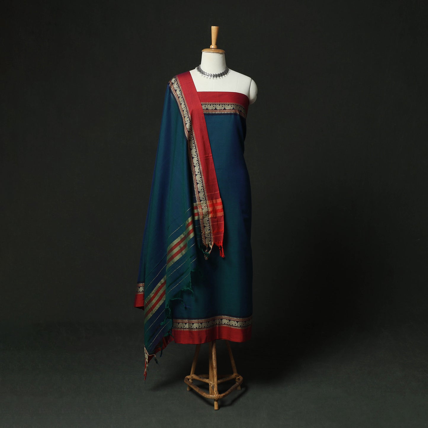 Blue - Dharwad Woven Cotton 3pc Unstitched Dress Material Suit Set 04