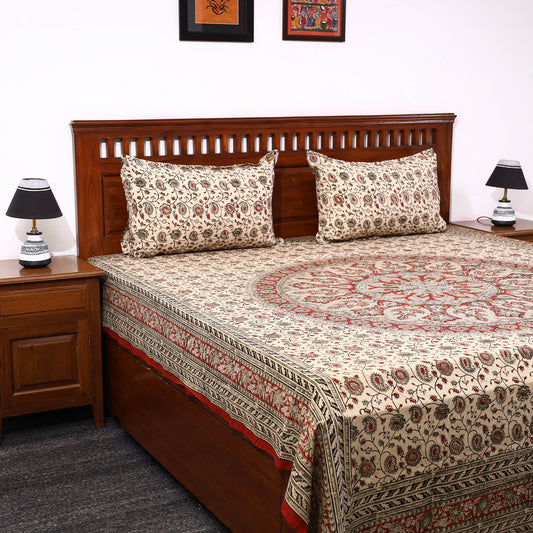 Beige - Kalamkari Block Printed Cotton Double Bed Cover with Pillow Covers (108 x 90 in)