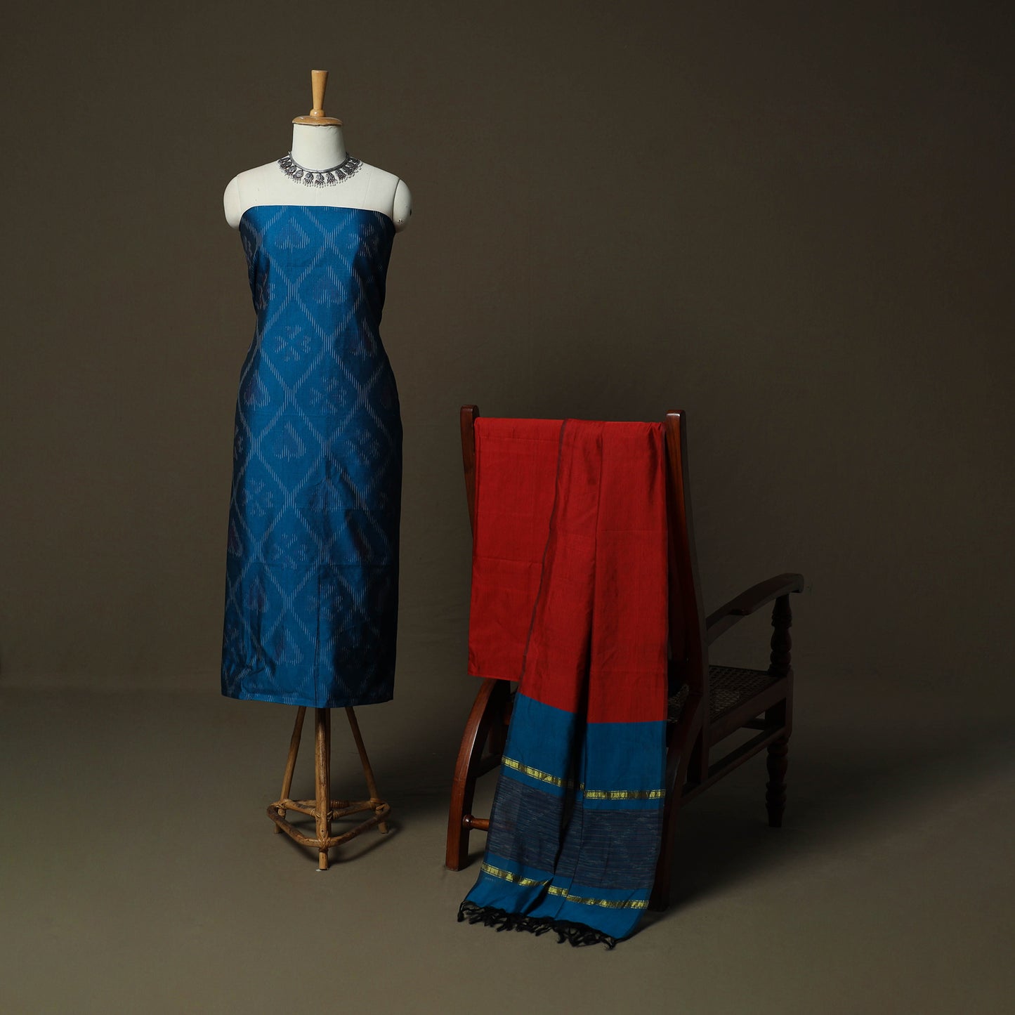 Pochampally Ikat Silk Cotton 3pc Unstitched Dress Material Suit Set 12