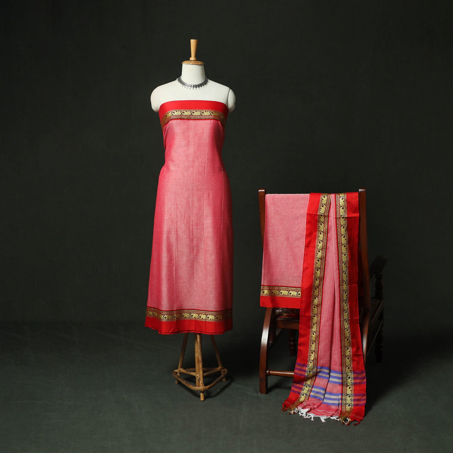 Pink - Dharwad Woven Cotton 3pc Unstitched Dress Material Suit Set 06